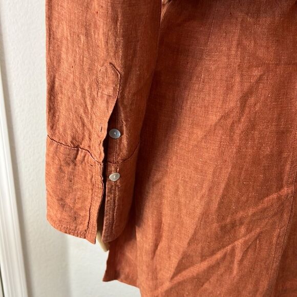 Camaieu Tunic Dress 💯 Linen Collar V Neck Rust Burnt Orange Belted 3/4 Sleeves - Picture 5 of 13